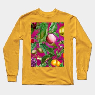 Floral paradise,Trendy tropical floral leaves and fruits, tropical pattern, botanical illustration, tropical plants, pink fuchsia floral illustration Long Sleeve T-Shirt